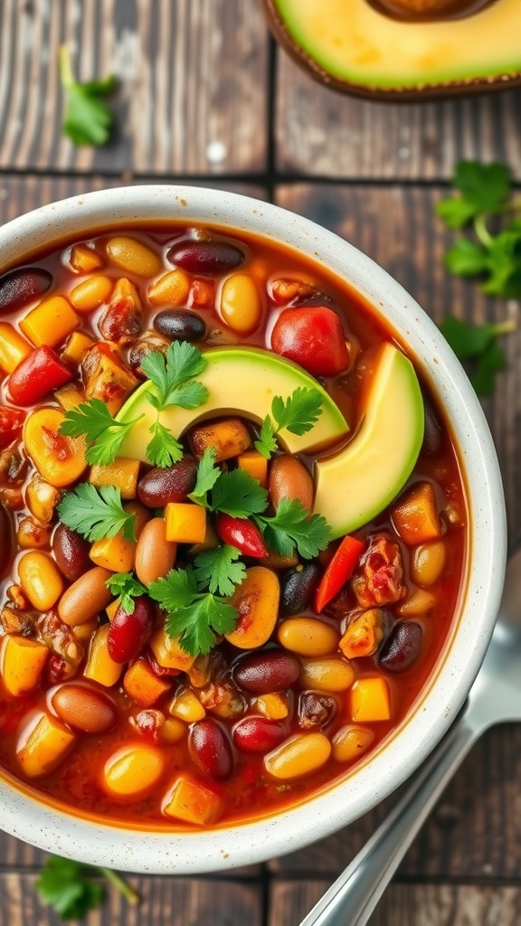 A bowl of vegan chili with beans, corn, and vegetables, garnished with cilantro and avocado on a rustic table.
